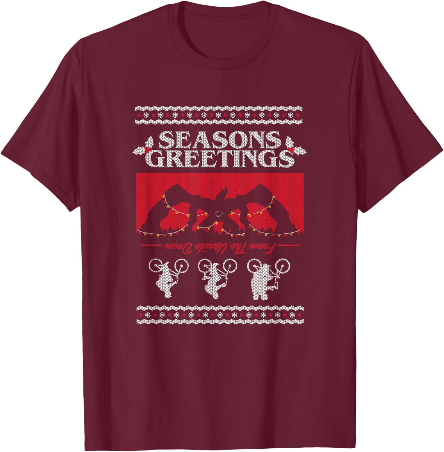 Stranger Things Christmas Seasons Greetings From Upside Down T-Shirt - T-Shirt | Maroon