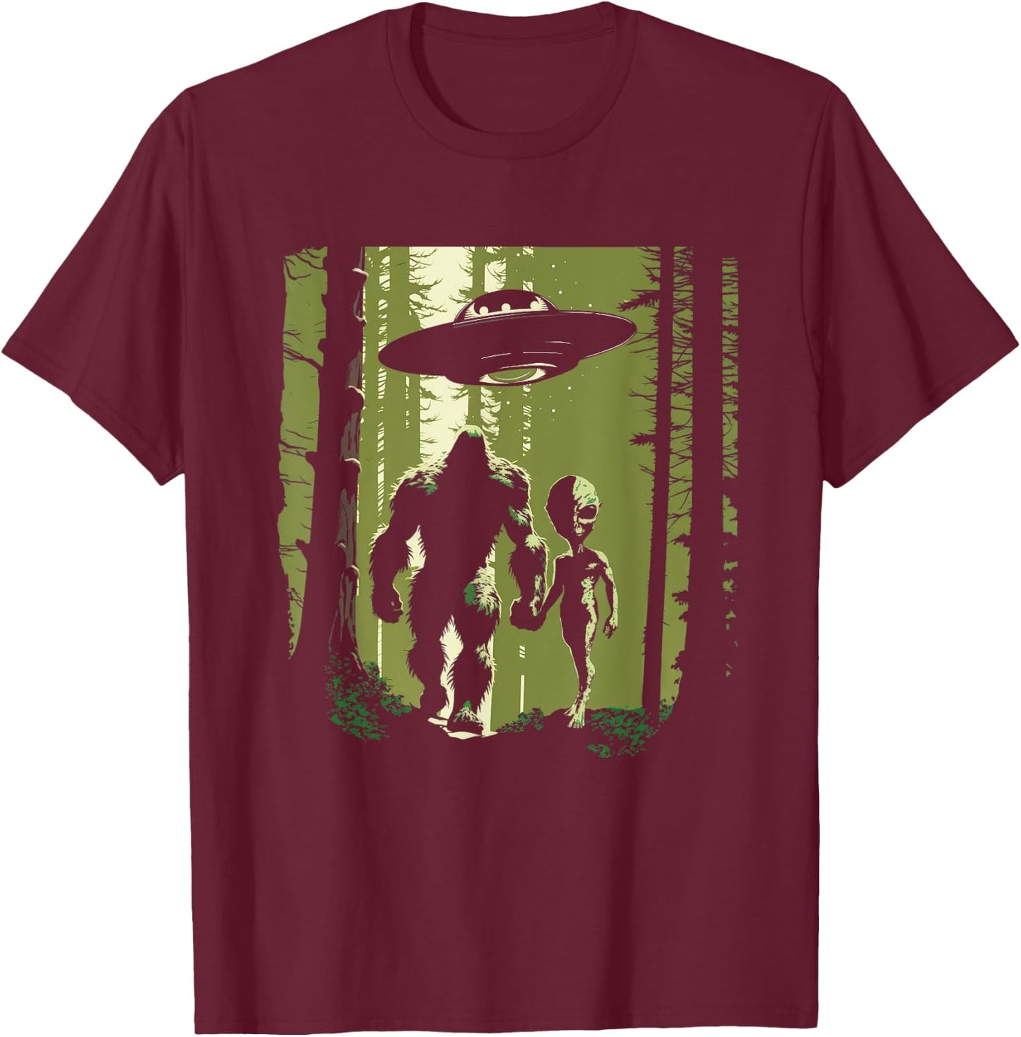 Alien And Bigfoot Forest T-Shirt - T-Shirt | Maroon
