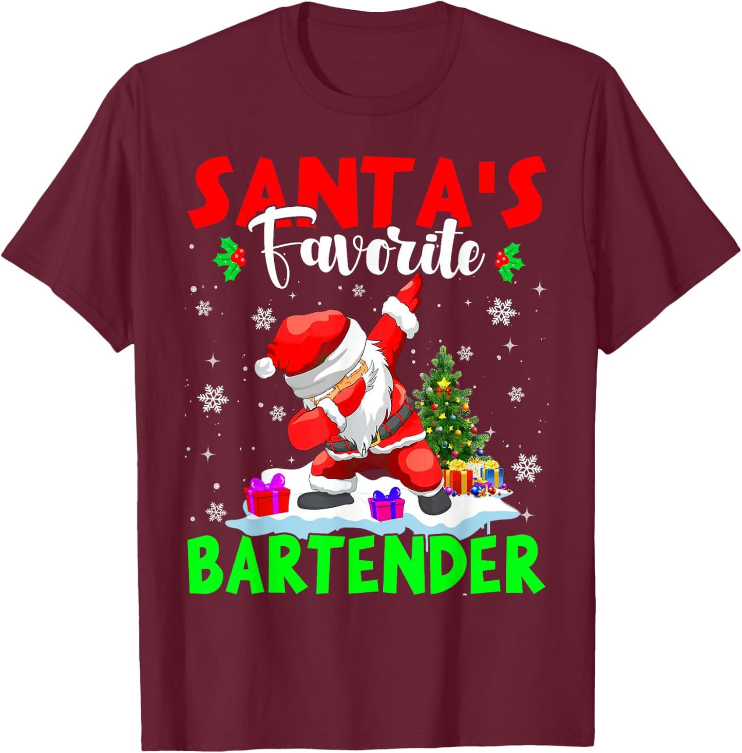 Santa's Favorite Bartender Funny Christmas Bartender Gifts T-Shirt - T-Shirt | Maroon