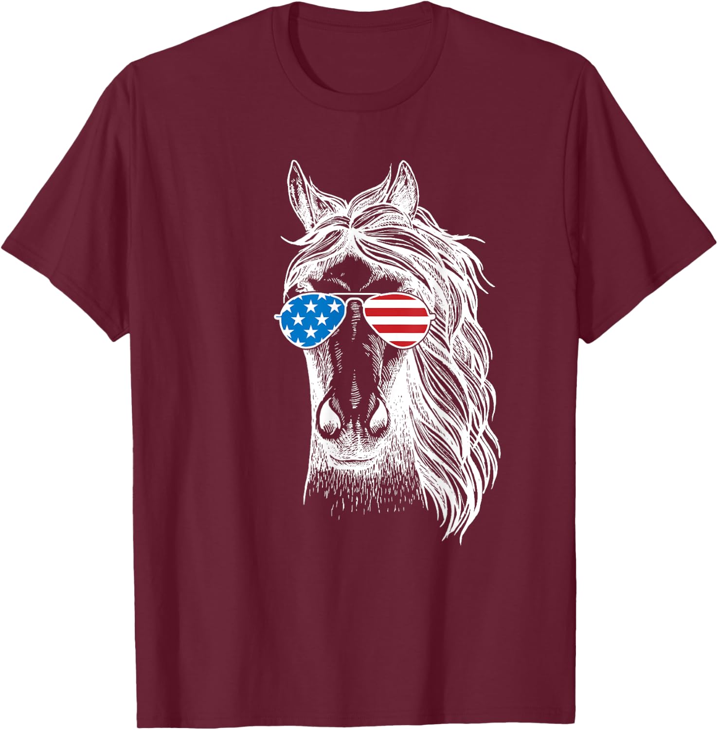 Funny Horse Patriotic USA Flag Aviator Sun Glasses Design Women Kids Men T-Shirt - T-Shirt | Maroon