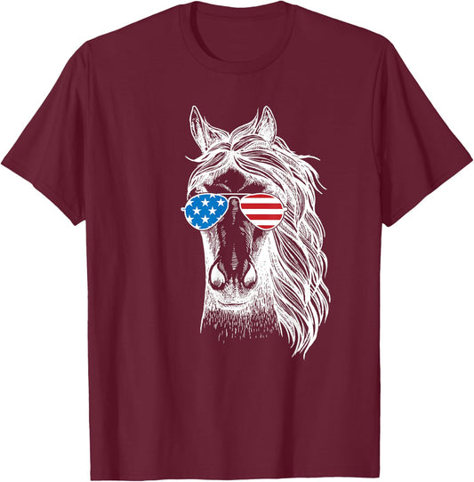 Funny Horse Patriotic USA Flag Aviator Sun Glasses Design Women Kids Men T-Shirt - T-Shirt | Maroon