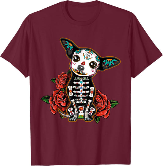 Calavera Chihuahua Playful Colorful Cute Dia De Los Muertos Women Kids T-Shirt - T-Shirt | Maroon