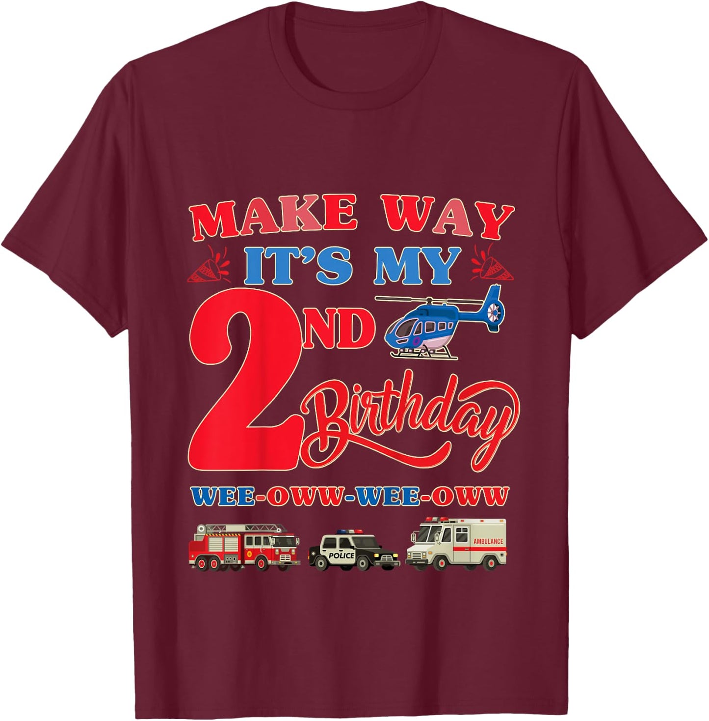 2nd birthday Rescue Vehicles Birthday theme 2 year old kids T-Shirt - T-Shirt | Maroon