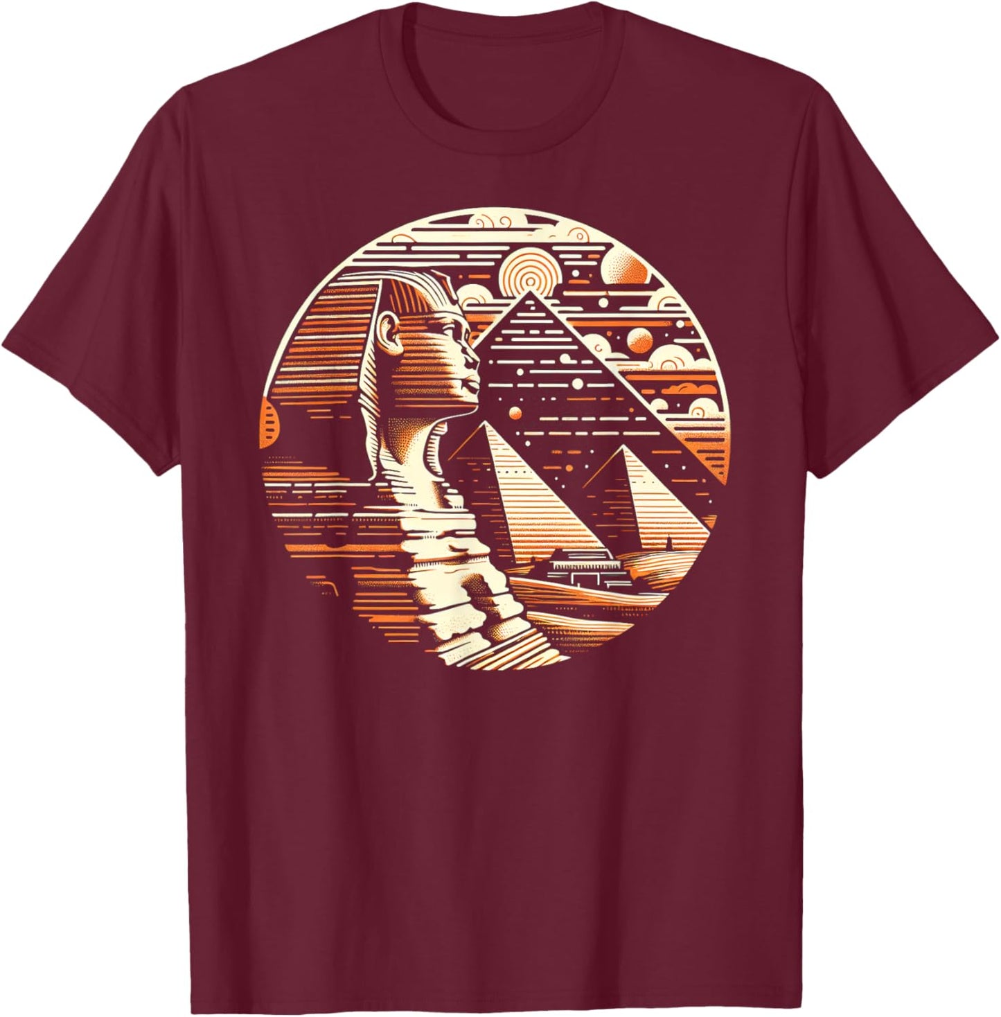 Majestic Sphinx and Pyramids Artwork T-Shirt - T-Shirt | Maroon