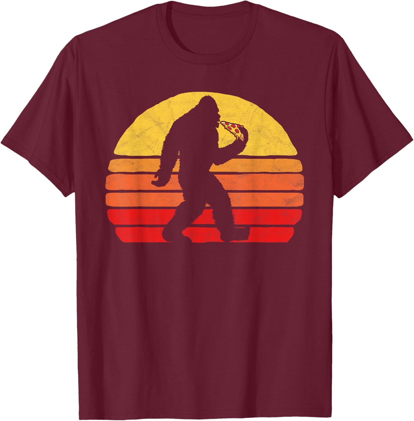 Sasquatch and Pizza! Funny Eating Bigfoot & 80s Sun Graphic T-Shirt - T-Shirt | Maroon