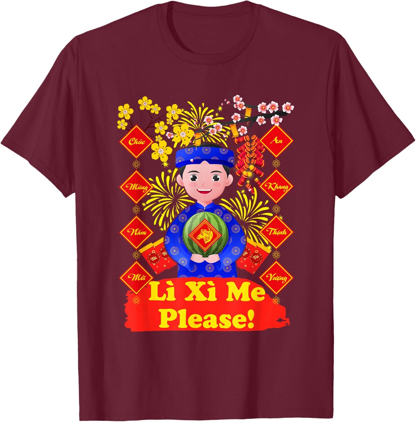 Li Xi Me Please, Boy Kid Vietnamese Lunar New Year 2022 T-Shirt - T-Shirt | Maroon