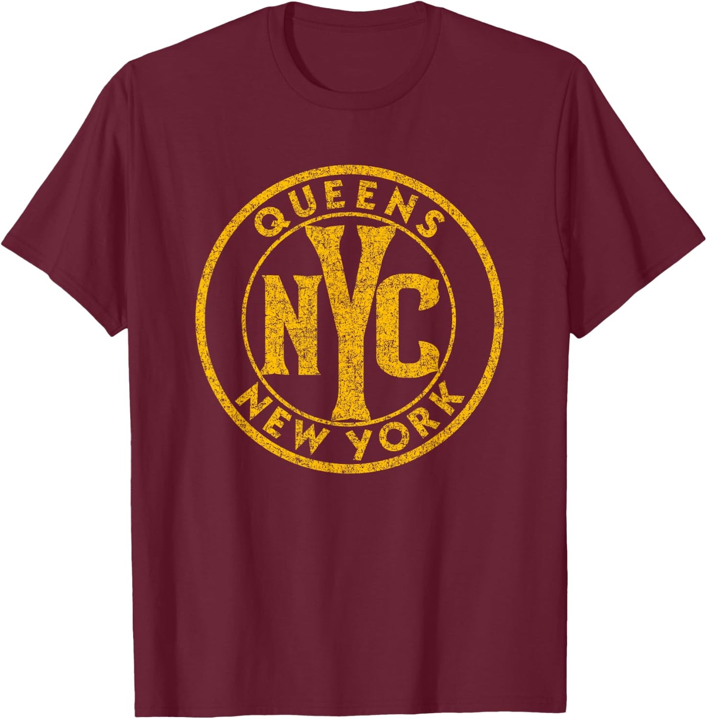 Queens New York NYC Circle Sign Distressed Amber Print T-Shirt - T-Shirt | Maroon