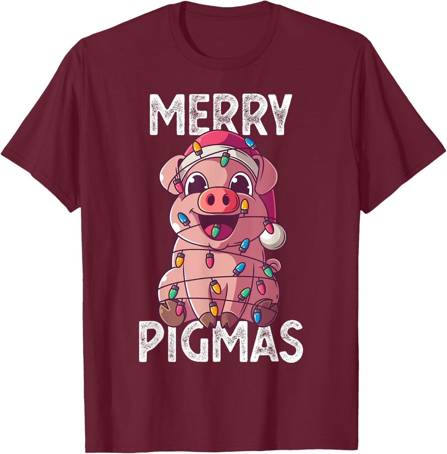 Merry Pigmas Pig Christmas Santa Pig Xmas Lights Farmer Gift T-Shirt - T-Shirt | Maroon