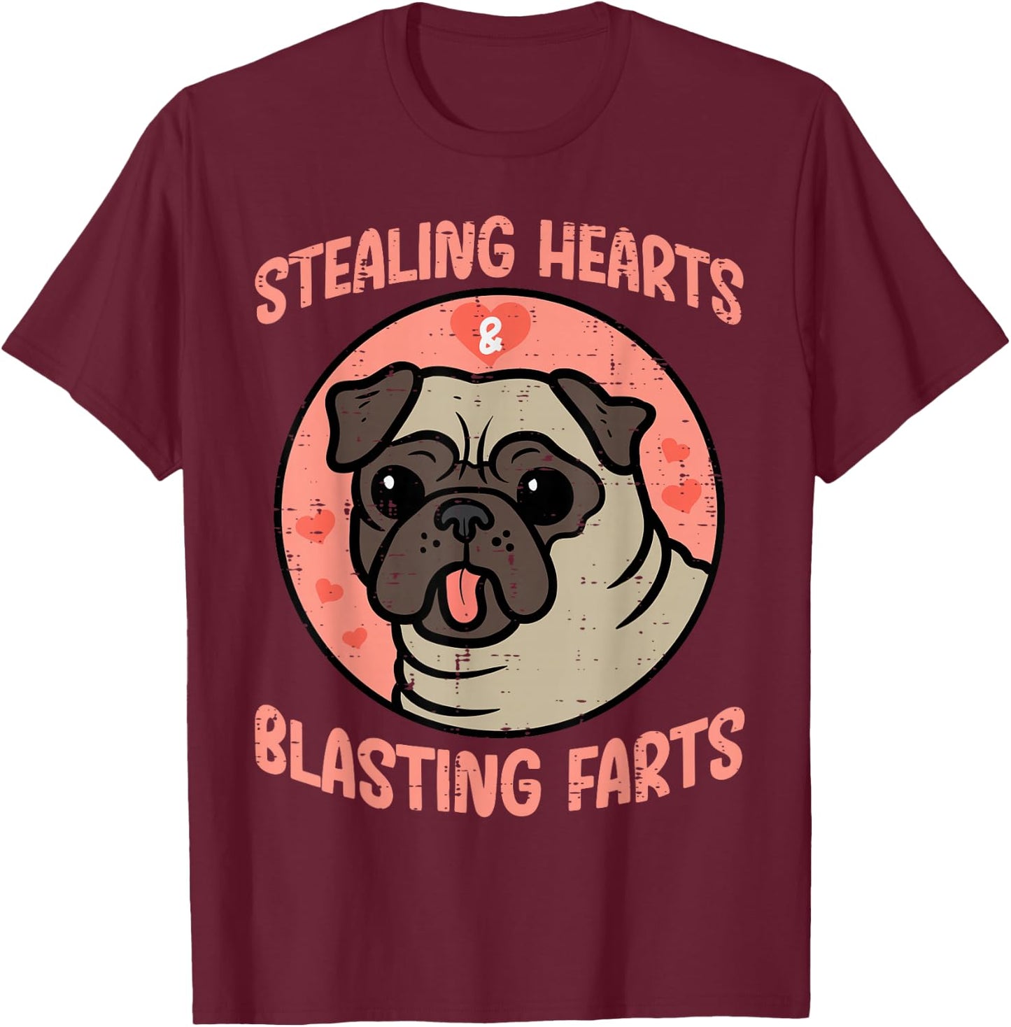 Valentines Day Pug Stealing Hearts Farts Dog Men Women Kids T-Shirt - T-Shirt | Maroon