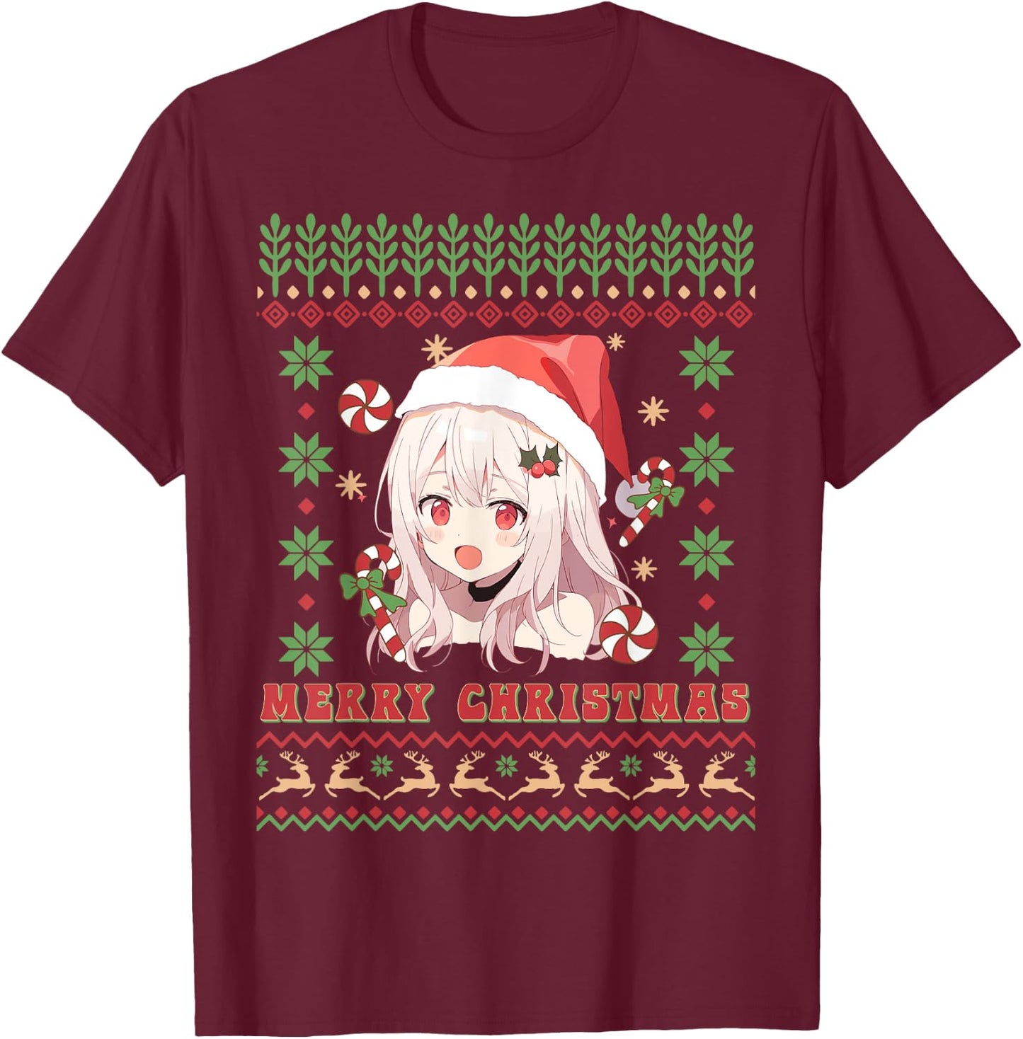Cute Anime Girl Santa Hat Otaku Ugly Sweater Merry Christmas T-Shirt - T-Shirt | Maroon