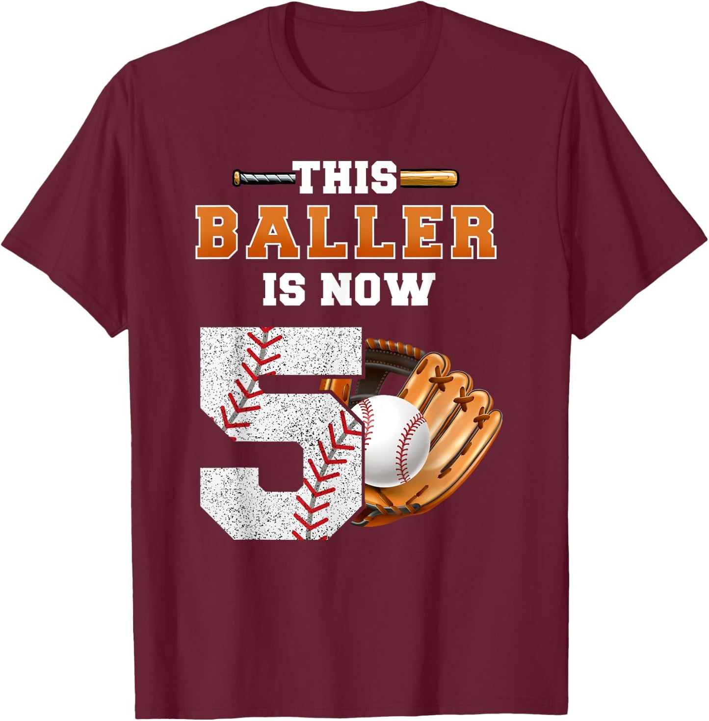 This Baller is Now 5 Kids Baseball Player 5th Birthday Boy T-Shirt - T-Shirt | Maroon