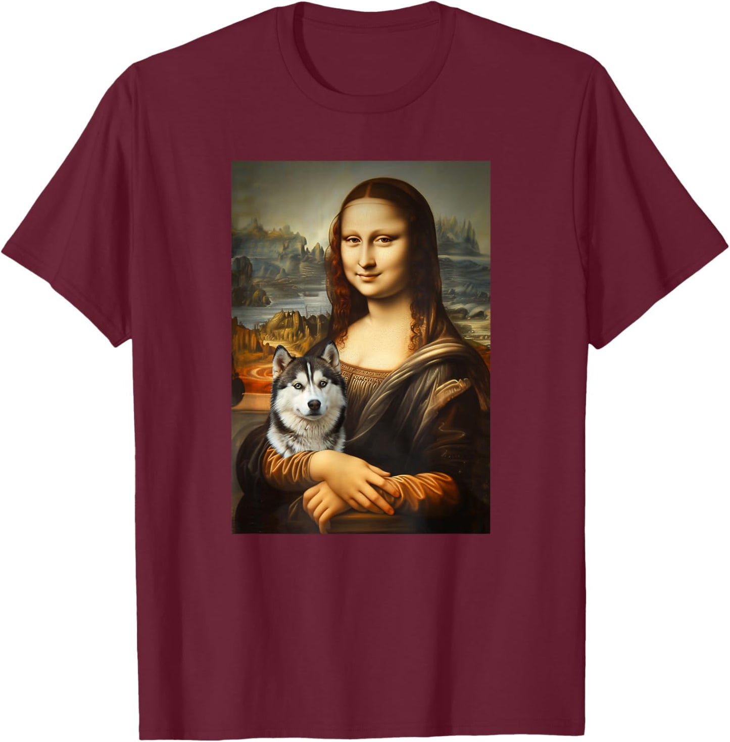 Husky Mona Lisa Painting Art Dog Mom Dad T-Shirt - T-Shirt | Maroon