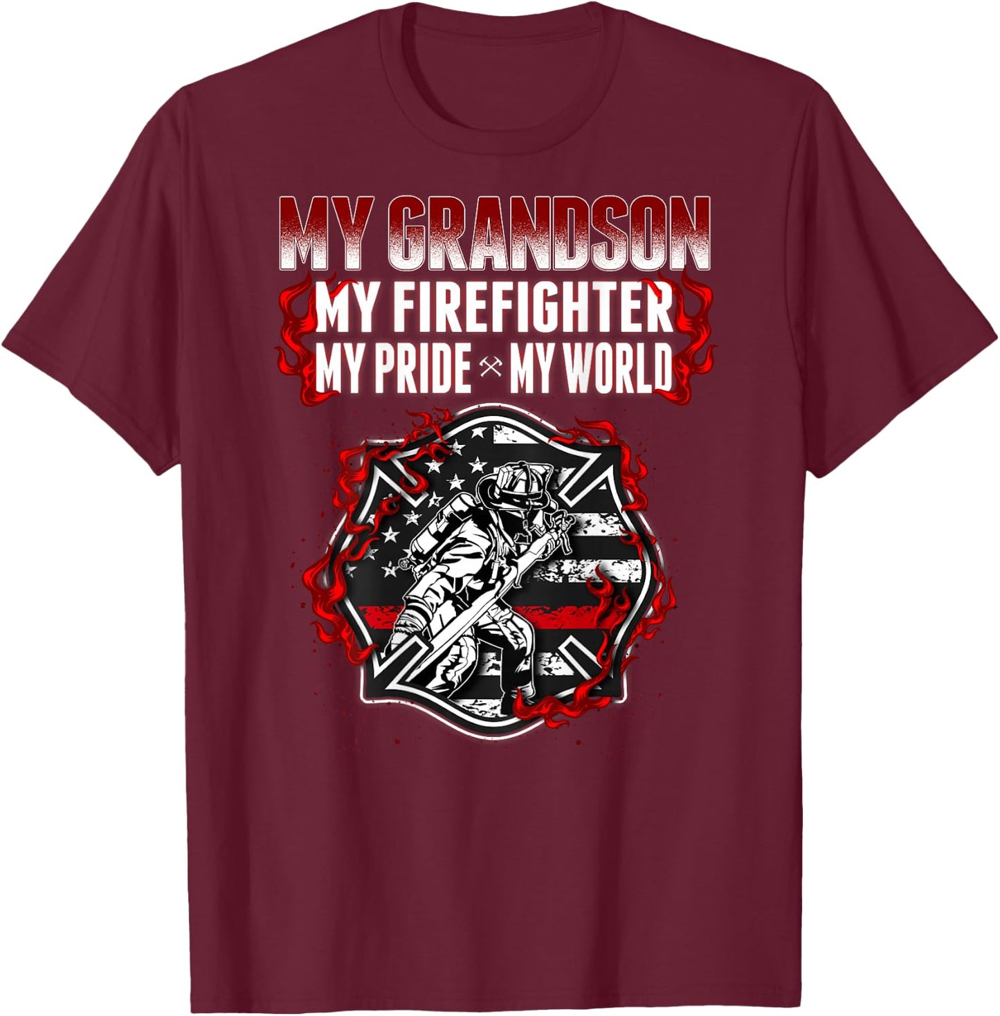 My Grandson Is Firefighter Hero Proud Fire Grandma Grandpa T-Shirt - T-Shirt | Maroon