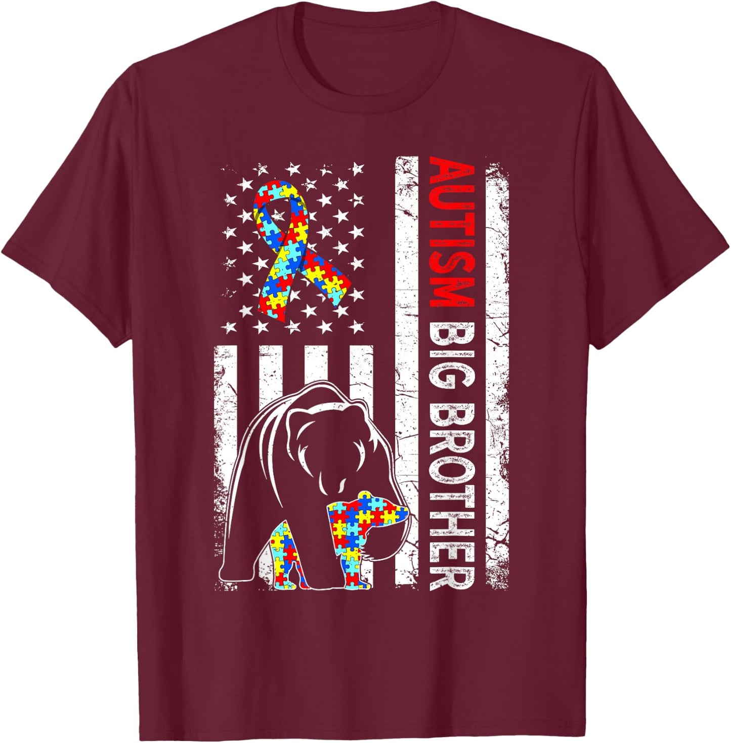 Distressed American Flag Autism Big Brother Bear Awareness Kids Men T-Shirt - T-Shirt | Maroon