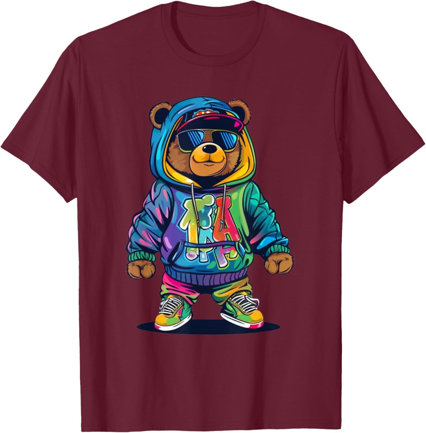 Hip-Hop Teddy-Bear Colorful TeddyBear With Graphic T-Shirt - T-Shirt | Maroon