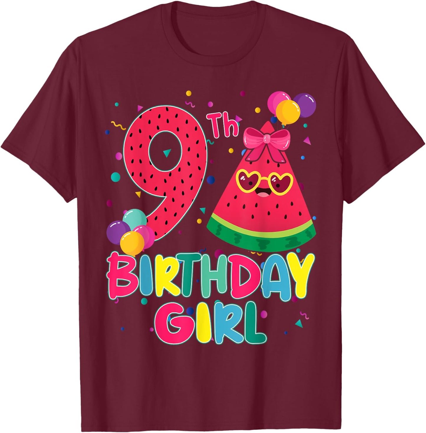 Watermelon 9th Birthday Decorations 9 Year Old B-Day Age T-Shirt - T-Shirt | Maroon