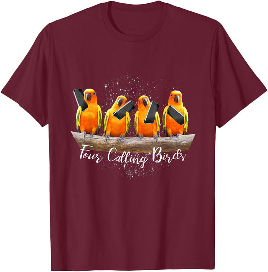 4 Four Calling Birds, Bird Phone, 12 Twelve Days Christmas T-Shirt - T-Shirt | Maroon