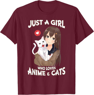 Just A Girl Who Loves Anime & Cats for Teen Girls Small T-Shirt - T-Shirt | Maroon