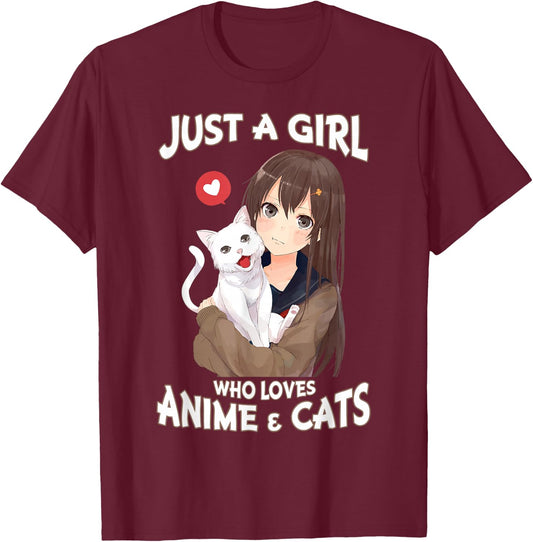 Just A Girl Who Loves Anime & Cats for Teen Girls Small T-Shirt - T-Shirt | Maroon