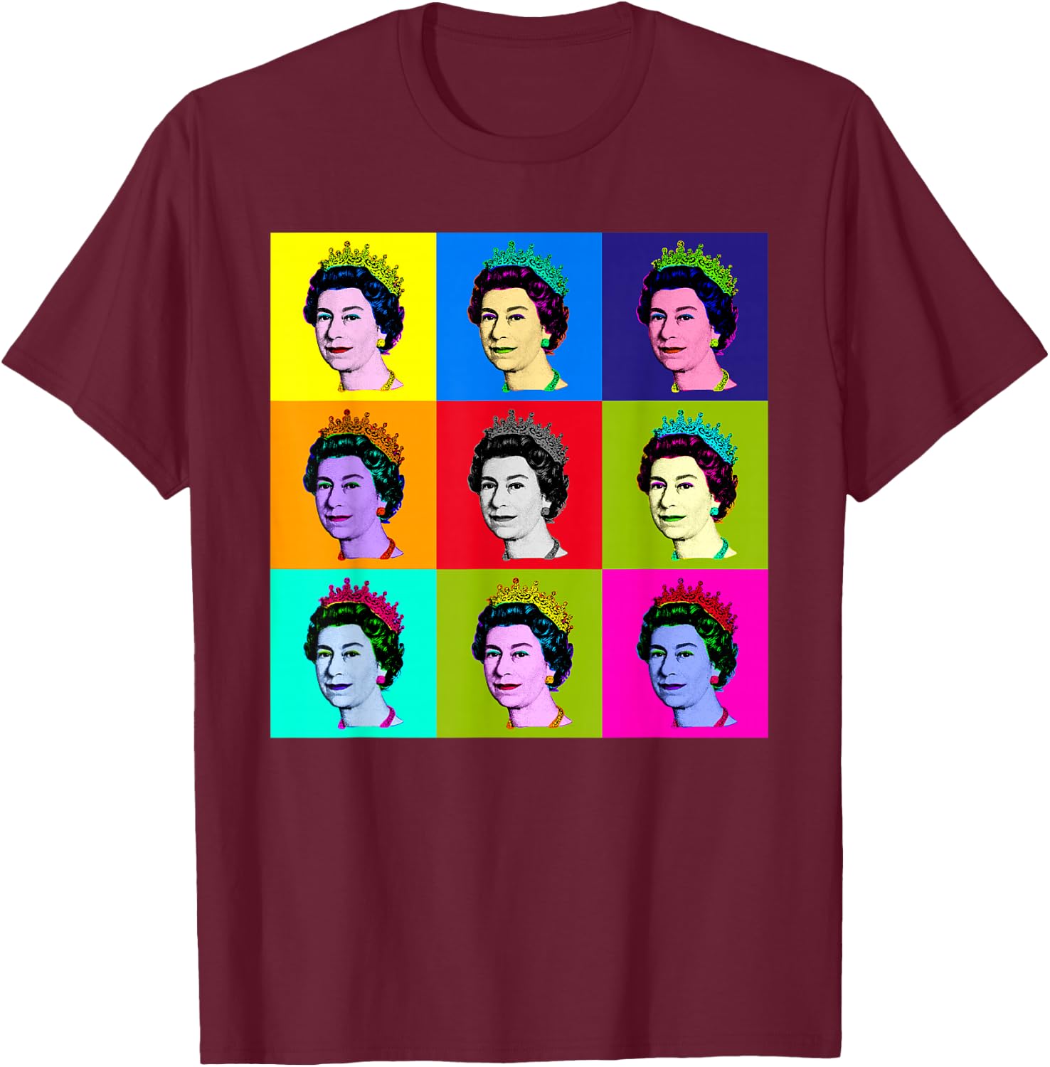 Elizabeth Nine Square Tiles Pop Art Queen of England T-Shirt - T-Shirt | Maroon