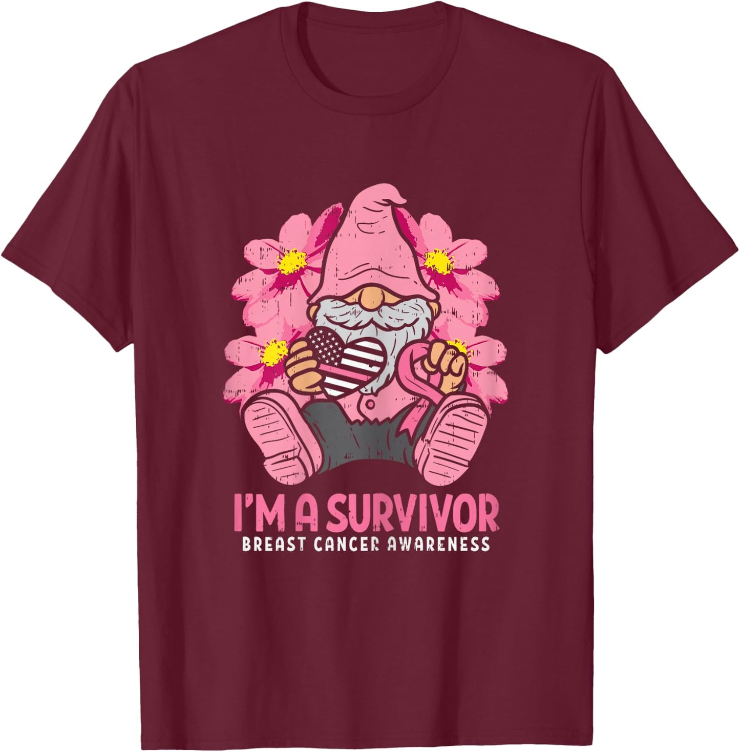 Breast Cancer Survivor Pink Ribbon Gnome US Flag Heart Gift T-Shirt - T-Shirt | Maroon