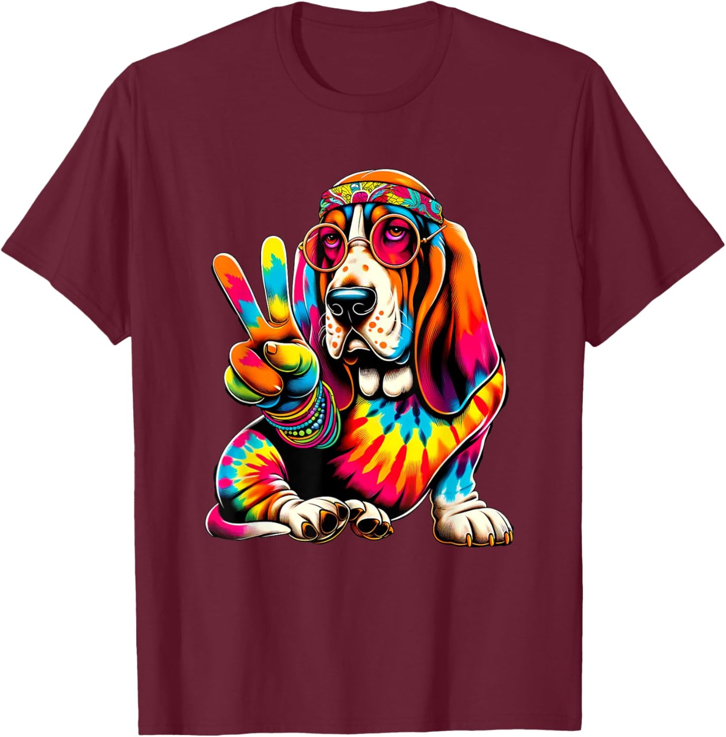Peace Sign Tie Dye Basset Hound dog T-Shirt - T-Shirt | Maroon