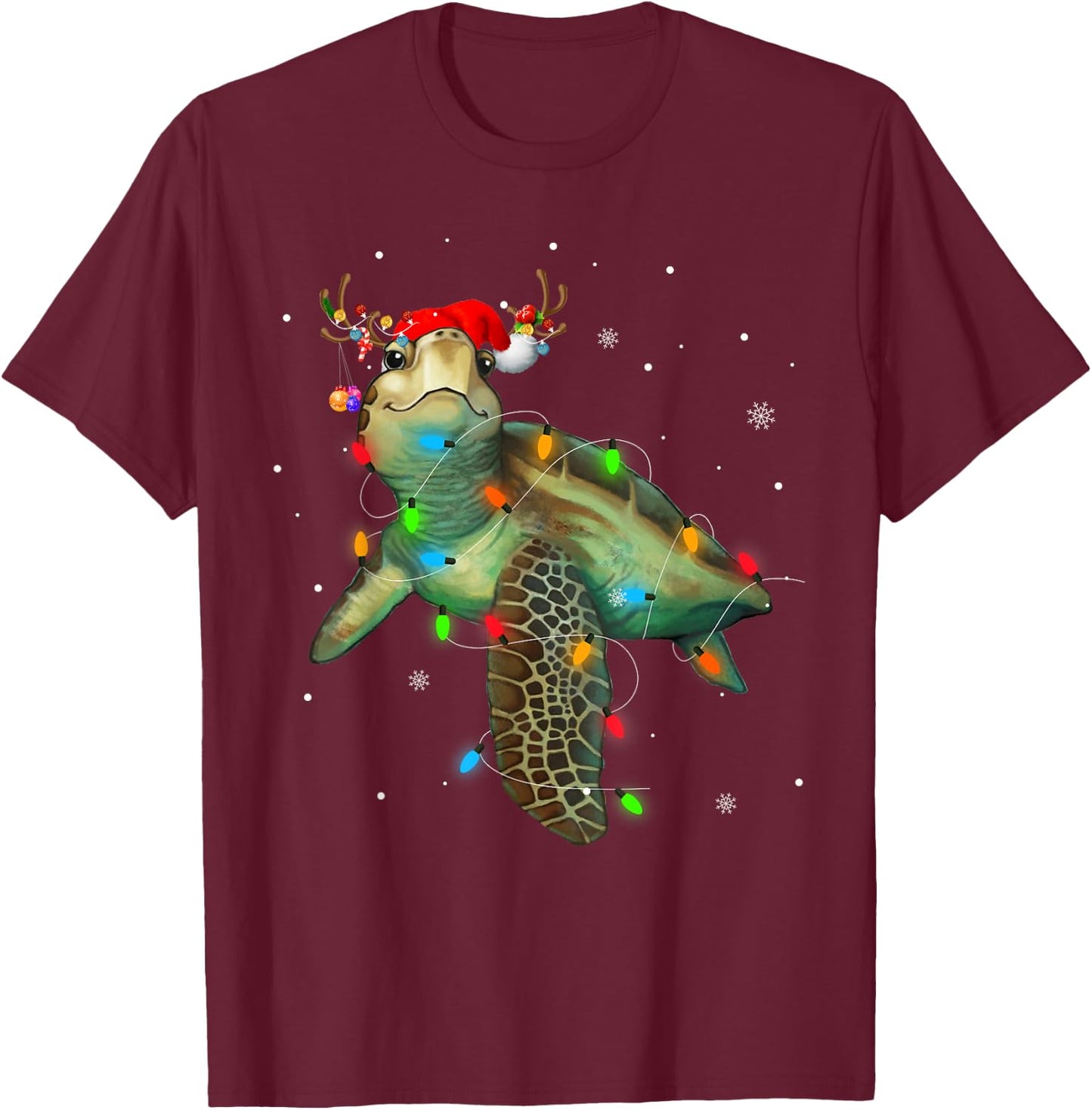Sea Turtle Christmas Lights Funny Santa Hat Merry Christmas T-Shirt - T-Shirt | Maroon