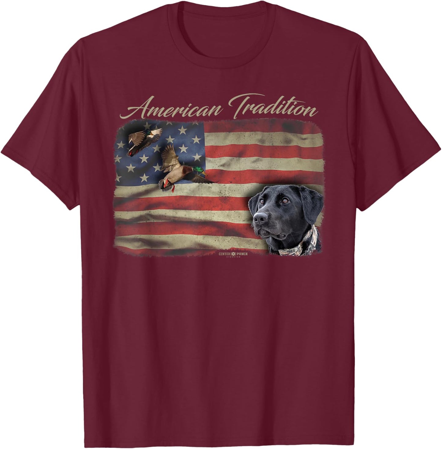 American Tradition Waterfowl Duck Hunting Dog Black Lab Flag Men Women Kids T-Shirt - T-Shirt | Maroon