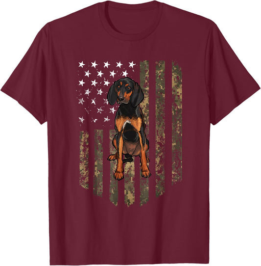 Camo American Flag Black and Tan Coonhound 4th Of July USA T-Shirt - T-Shirt | Maroon