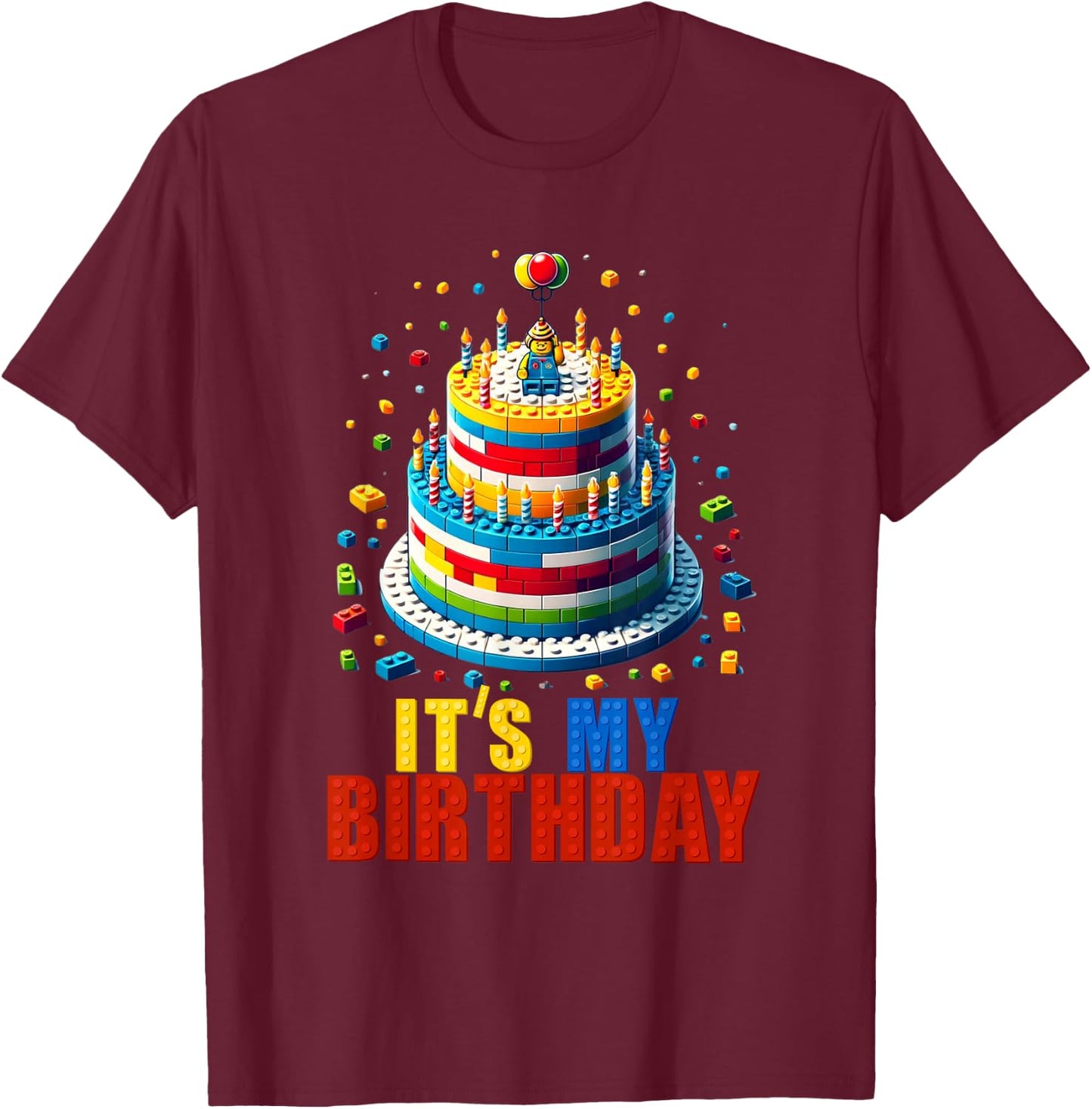 Building Bricks Cake It's My Birthday Boys Girls Build T-Shirt - T-Shirt | Maroon