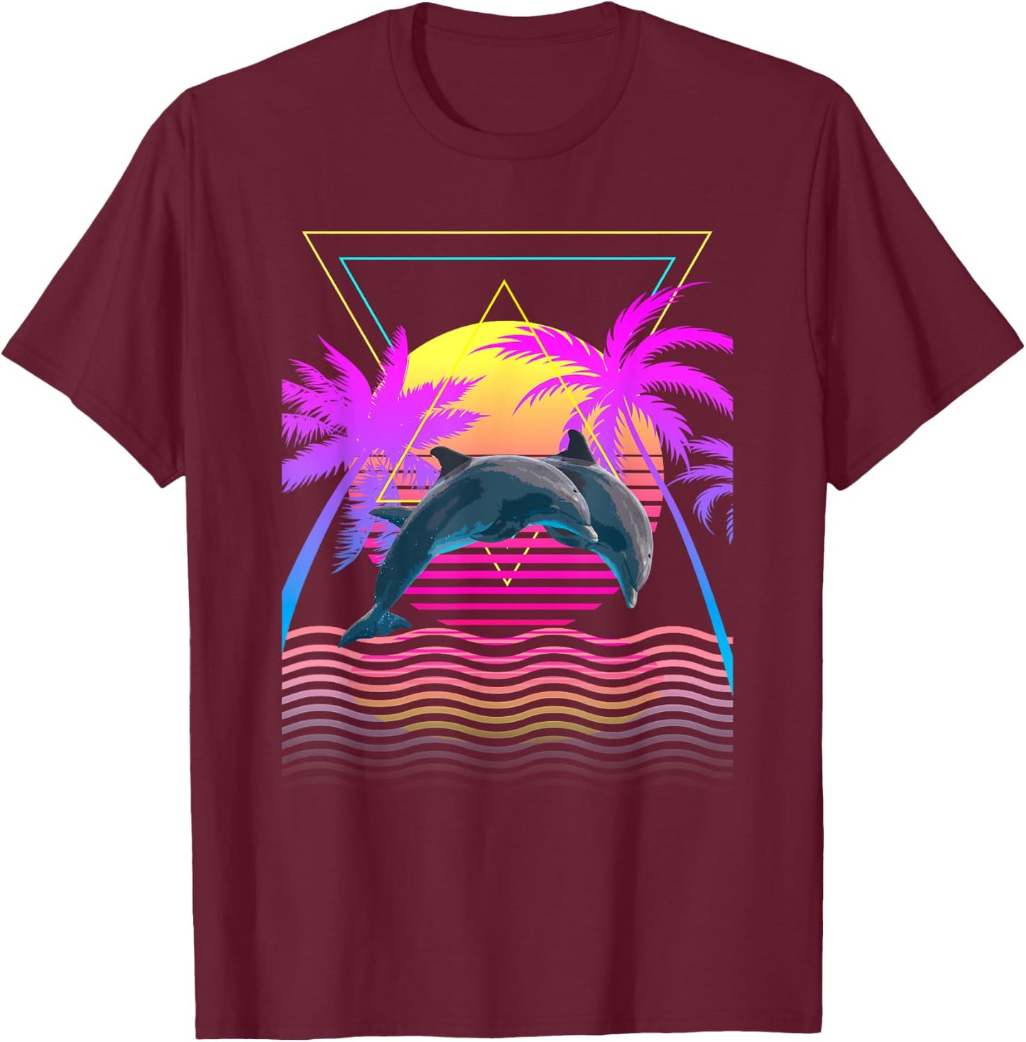 Retro 1980s 1990s Dolphins Palm Trees Sunset Beach Art T-Shirt - T-Shirt | Maroon