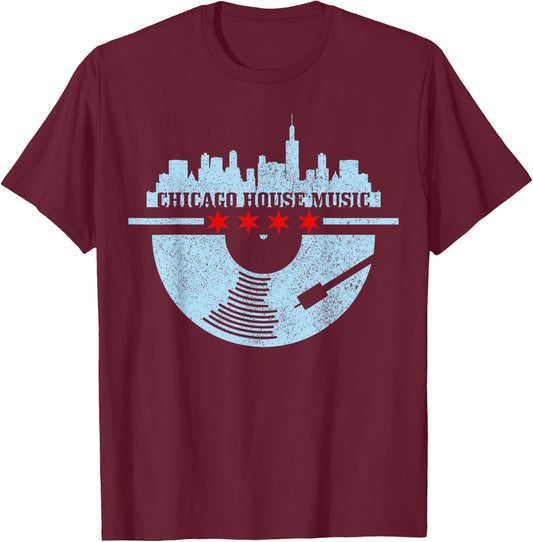 Chicago House Music DJ Raver Vinyl Skyline Retro Vintage T-Shirt - T-Shirt | Maroon