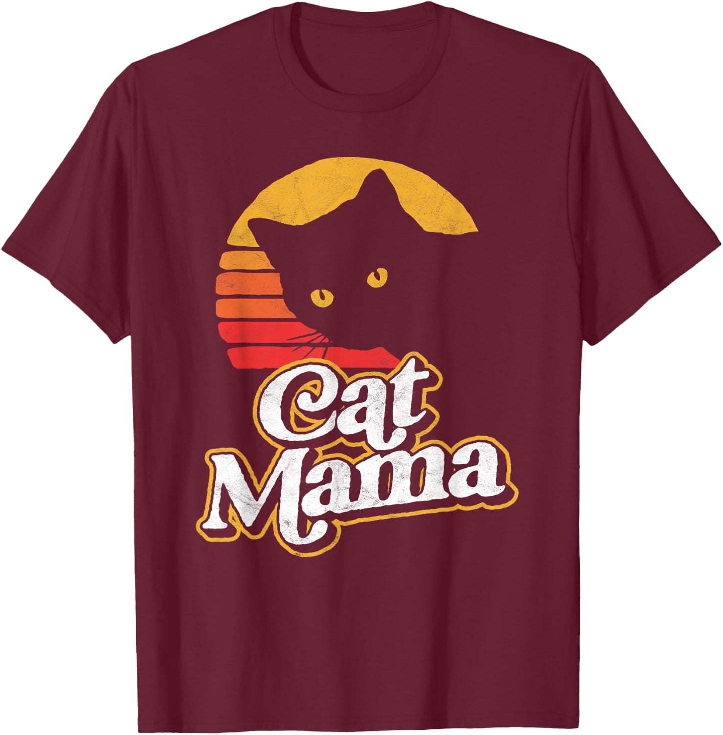 Cat Mama Vintage Eighties Style Cat Retro Distressed T-Shirt - T-Shirt | Maroon