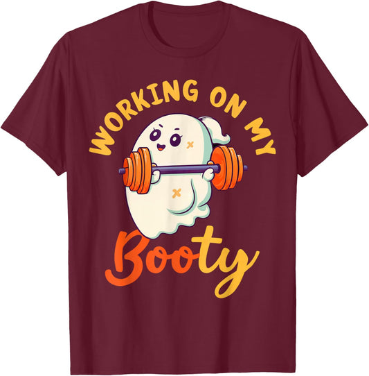 Working On My Booty Boo-Ty Funny Halloween Gym Ghost T-Shirt - T-Shirt | Maroon