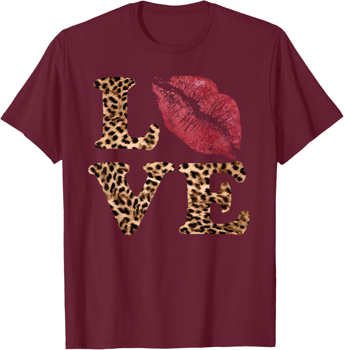 Leopard Print LOVE Red Lips Word Letter Cute Valentine T-Shirt - T-Shirt | Maroon
