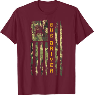 Vintage US Camo Flag School Bus Driver Silhouette Distressed T-Shirt - T-Shirt | Maroon