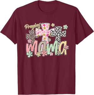 Praying Mama Retro Groovy Leopard Flowers Jesus Mama Women T-Shirt - T-Shirt | Maroon