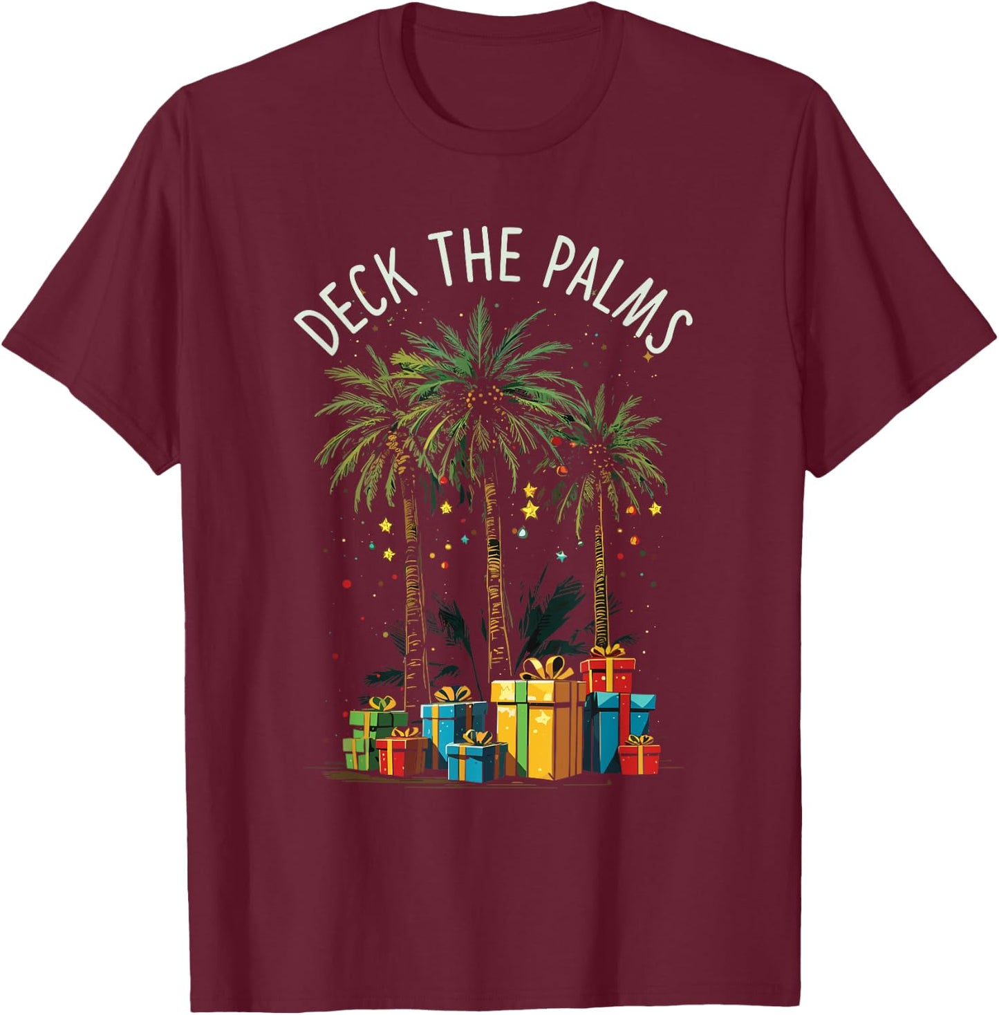 Deck The Palms Tropical Tropical Christmas Palm Tree Lights T-Shirt - T-Shirt | Maroon