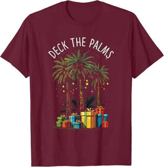 Deck The Palms Tropical Tropical Christmas Palm Tree Lights T-Shirt - T-Shirt | Maroon
