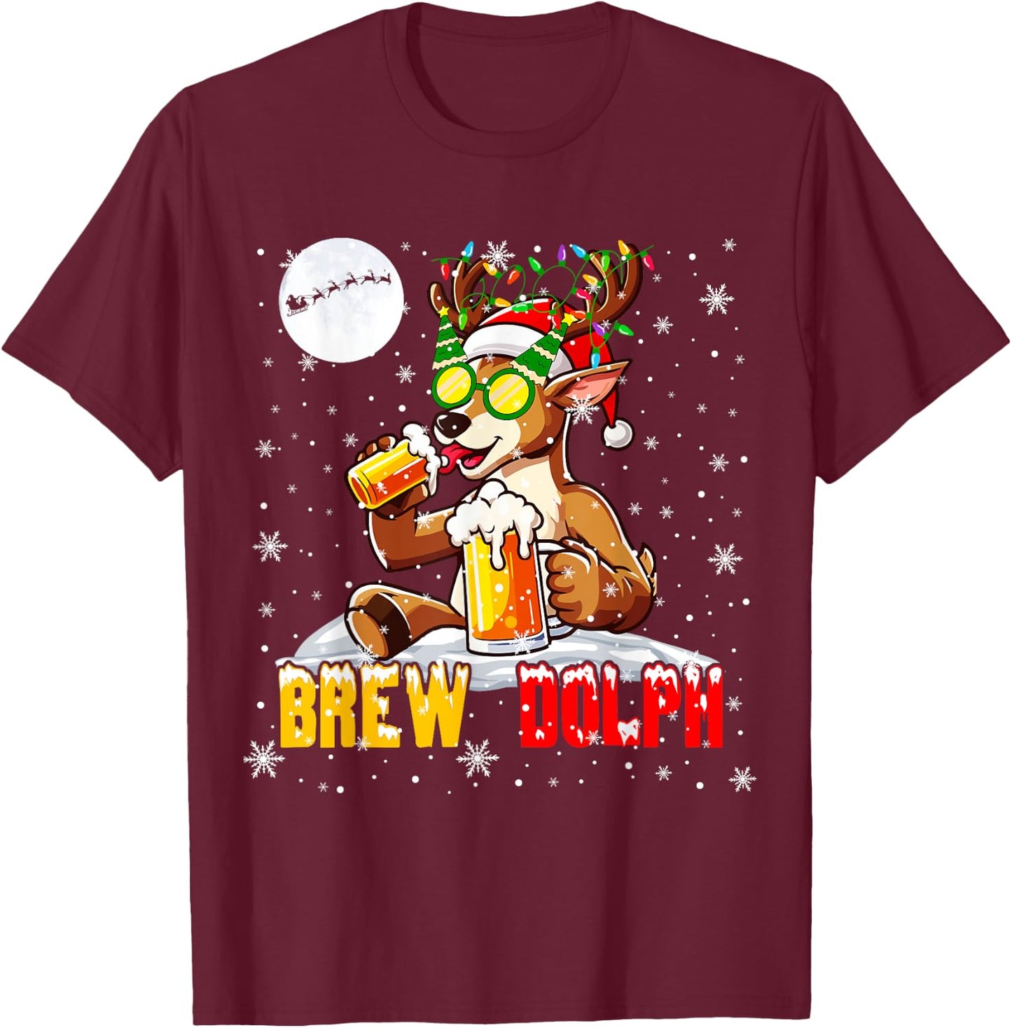 Brew Dolph Funny Reindeer Sunglasses Xmas Tree Drinking Beer T-Shirt - T-Shirt | Maroon