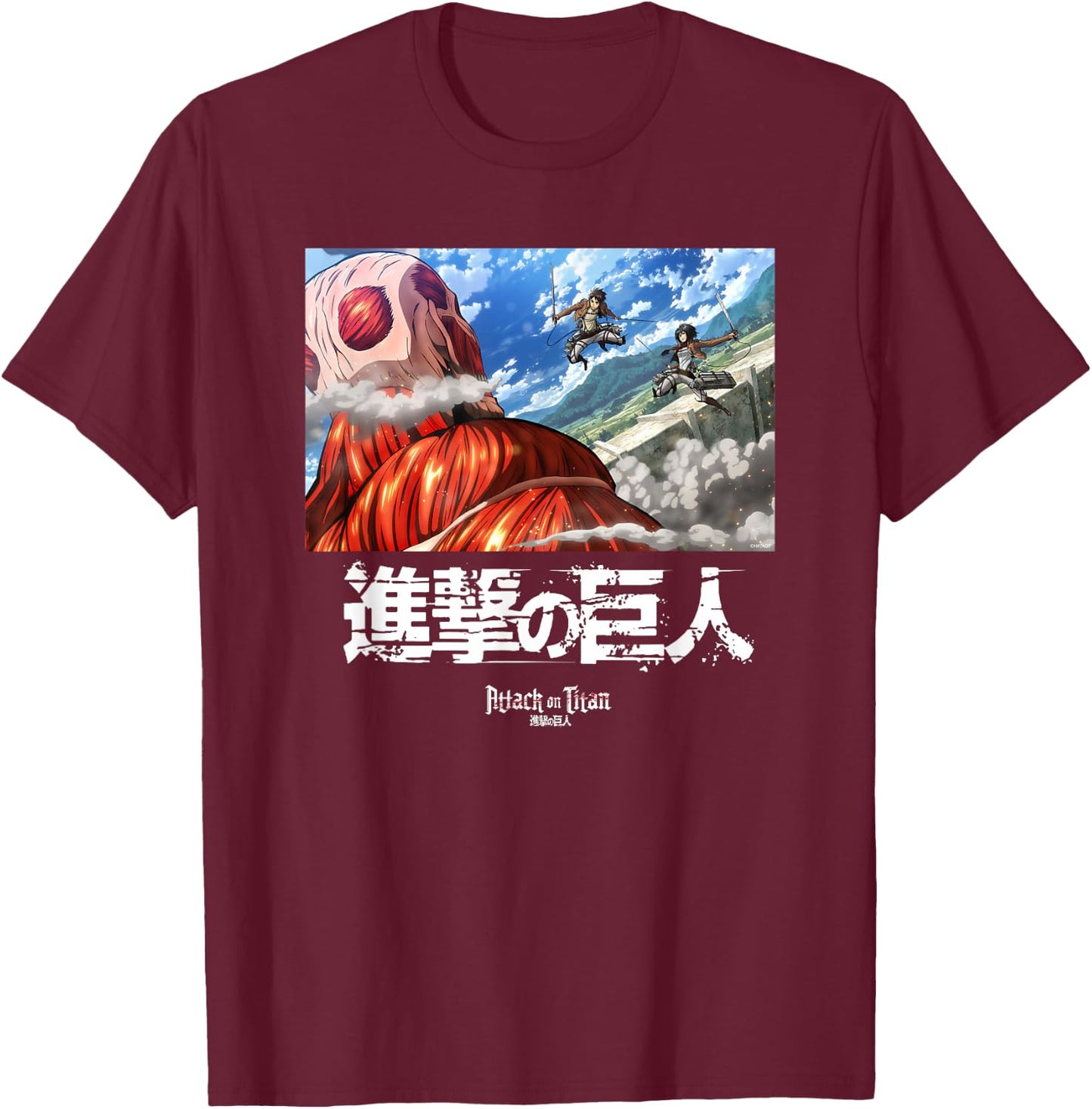 Attack on Titan Fighting Colossal Titan Scene Anime T-Shirt - T-Shirt | Maroon