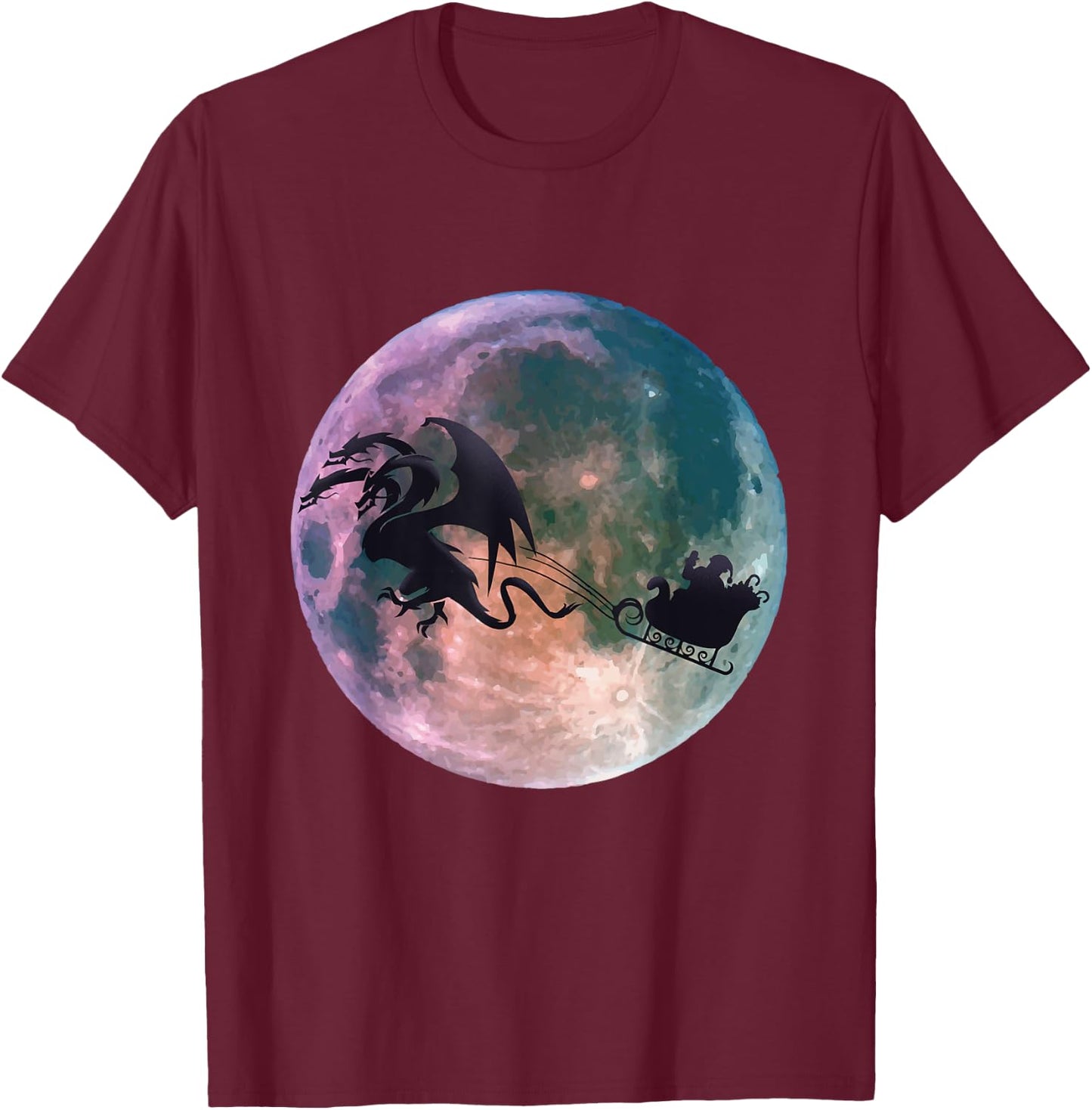 Christmas Santa Claus Flying Past the Moon With Dragon Gift T-Shirt - T-Shirt | Maroon