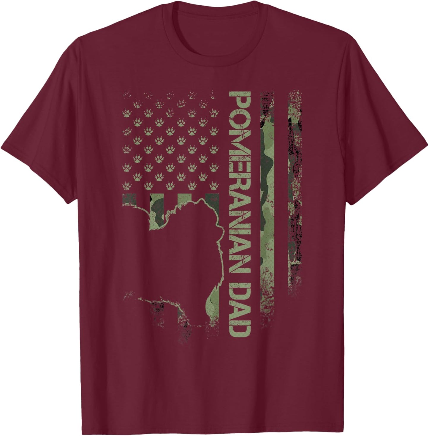 American Camo Flag Proud Pomeranian Dog Dad Pom Silhouette T-Shirt - T-Shirt | Maroon