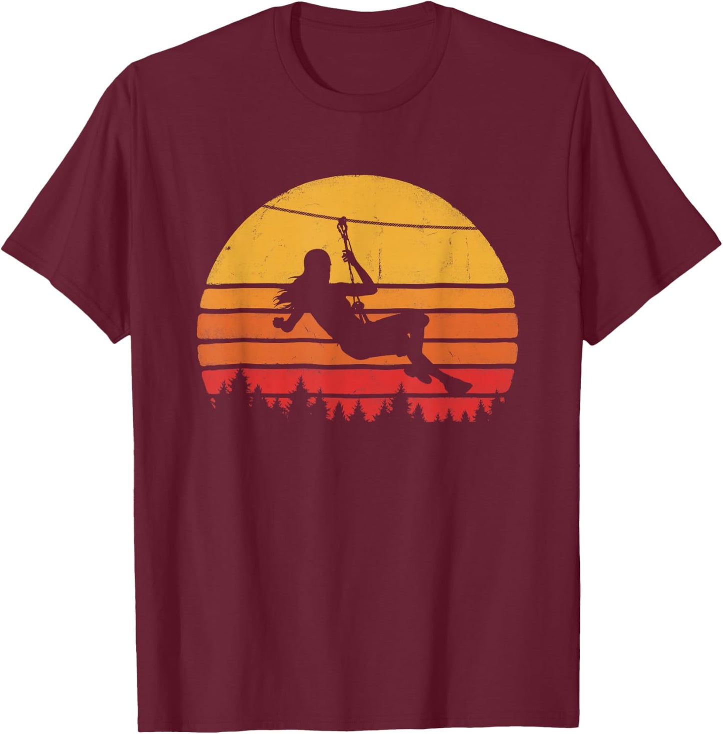 Zipline Girl Retro Graphic Zip Wire Sunset T-Shirt - T-Shirt | Maroon