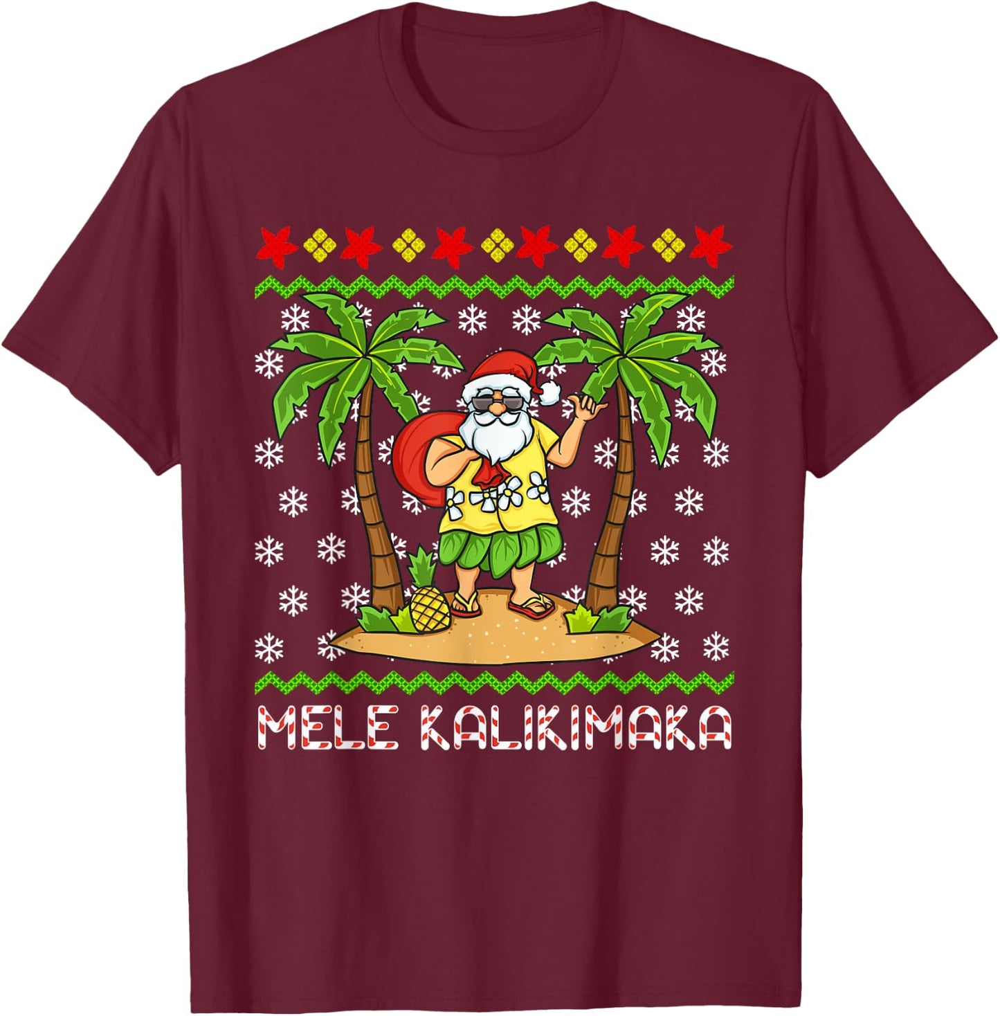 Mele Kalikimaka Hawaiian Christmas In July Hawaii Santa T-Shirt - T-Shirt | Maroon