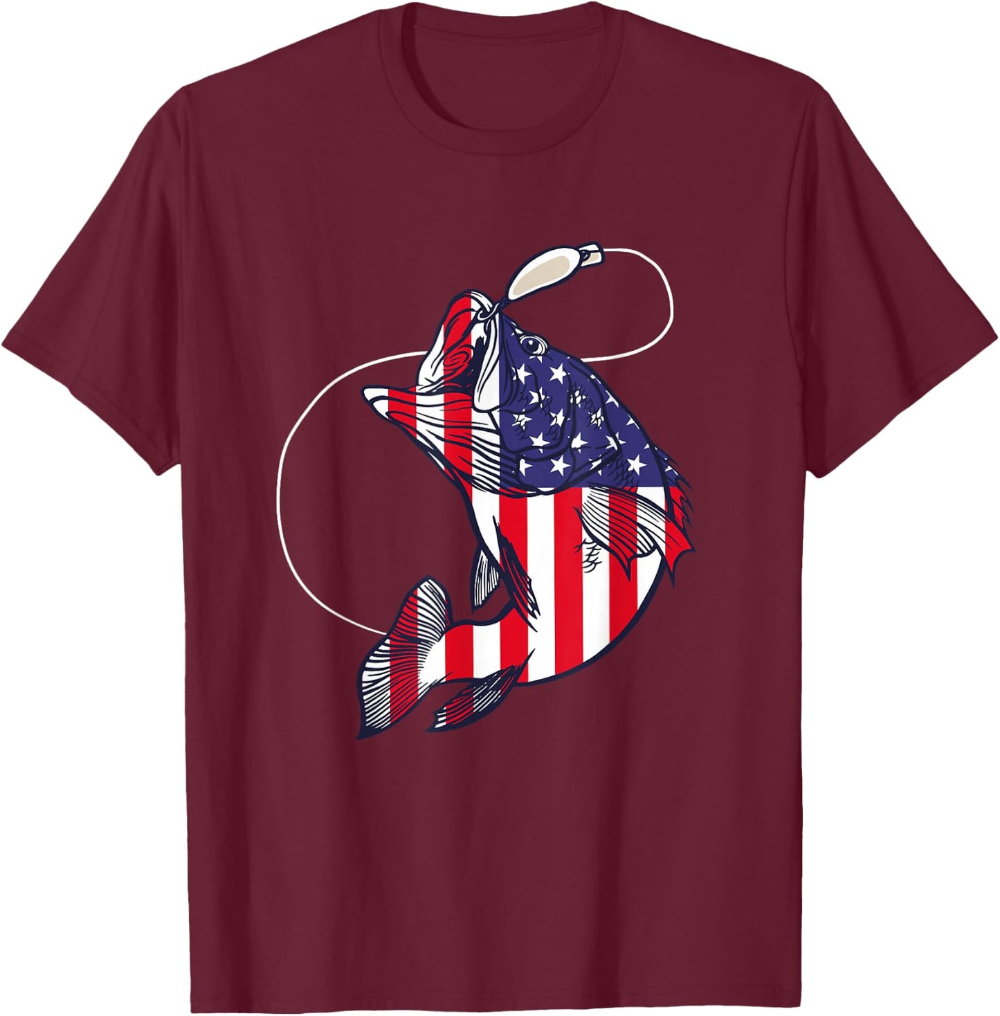 Bass Fishing Fish American Flag Patriotic Fourth of July T-Shirt - T-Shirt | Maroon