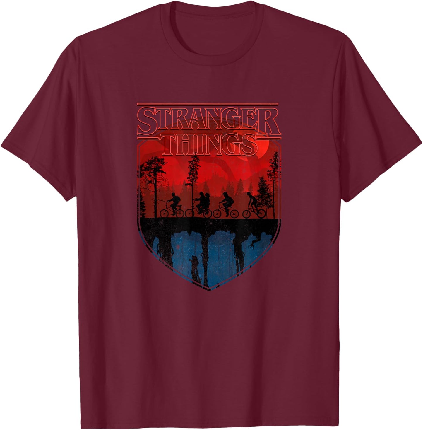 Stranger Things Group Shot Mindflayer Trail Silhouettes T-Shirt - T-Shirt | Maroon