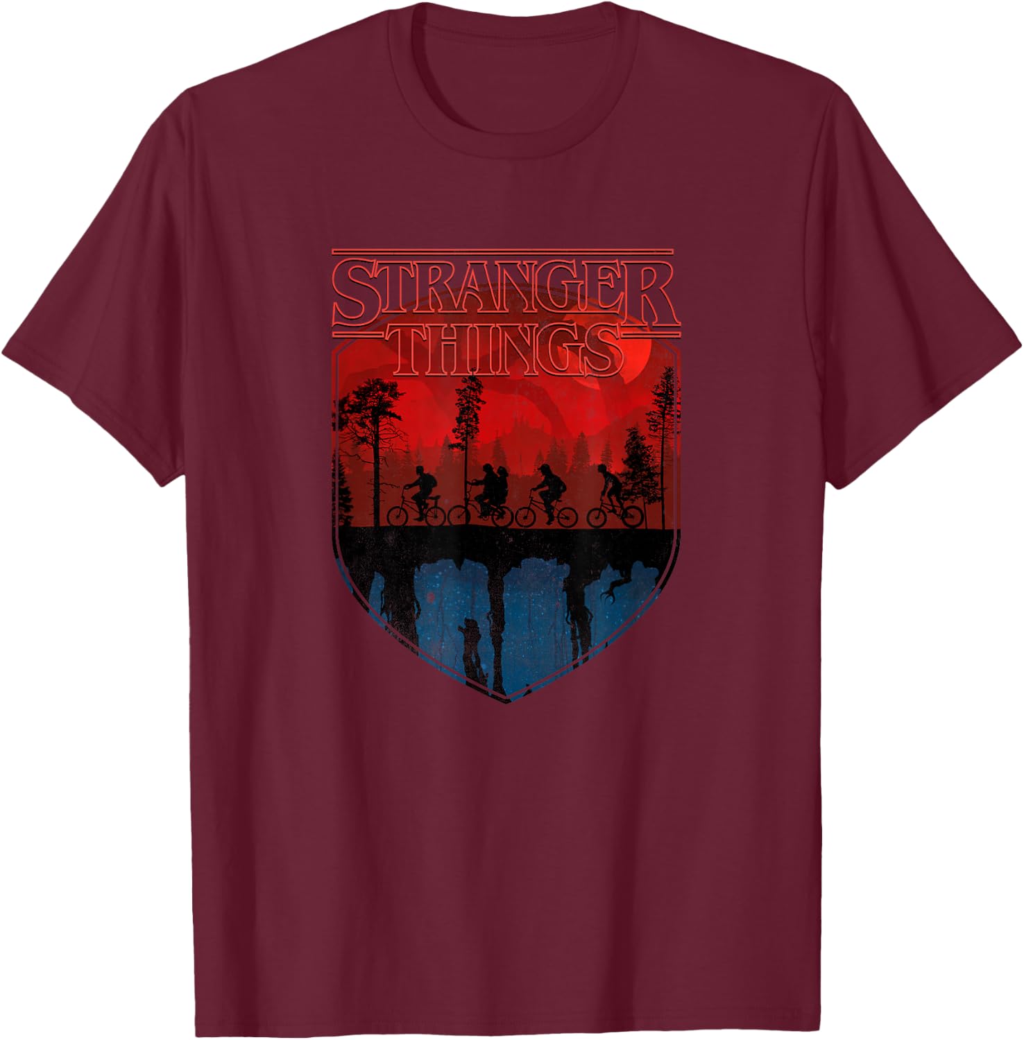 Stranger Things Group Shot Mindflayer Trail Silhouettes T-Shirt - T-Shirt | Maroon
