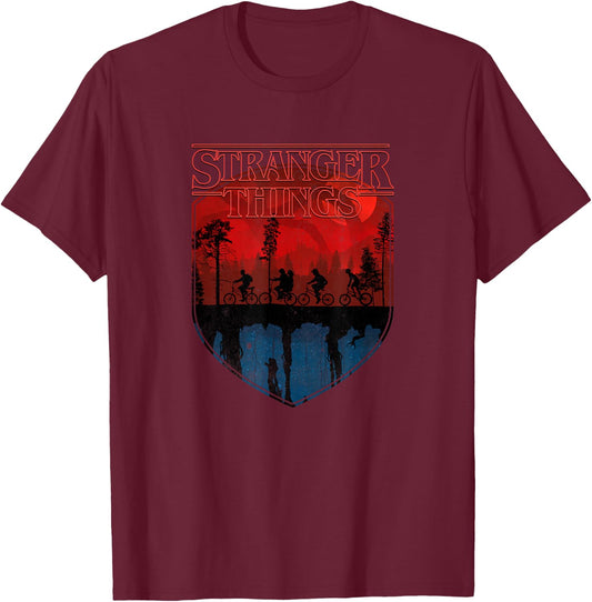 Stranger Things Group Shot Mindflayer Trail Silhouettes T-Shirt - T-Shirt | Maroon
