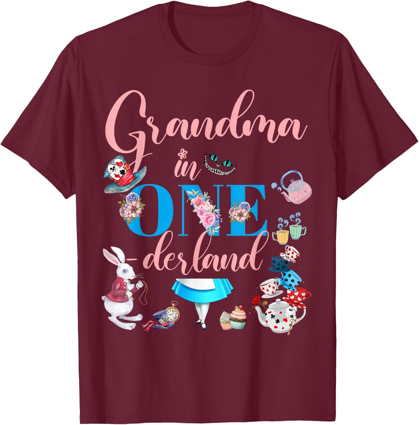 Alice in ONEderland Family Grandma Of The Birthday Girl T-Shirt - T-Shirt | Maroon